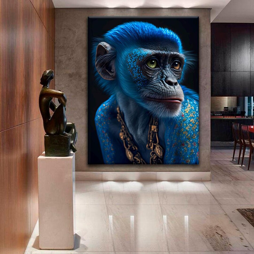 Blue Monkey Poster Pop Art Animal Canvas for Hallway Decor Trendy Large