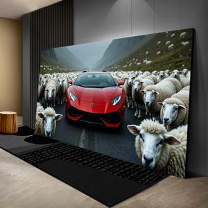 Lamborghini car wall art for man cave or office gift Funny car and sheep wall print for men birthday gift Red Lamborghini framed wall art