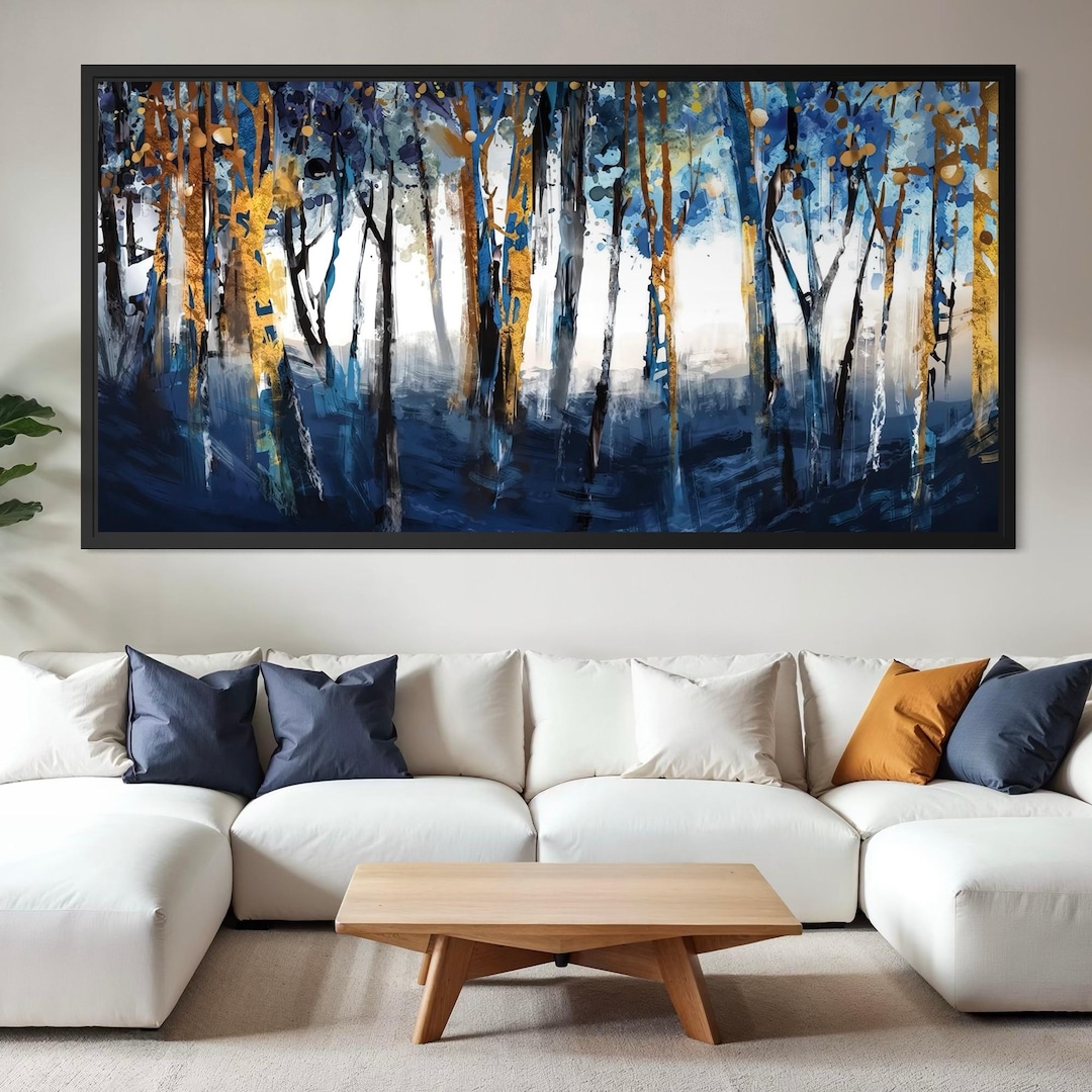 Blue Gold Abstract Trees Canvas Painting Modern Wall Art Surreal Forest ...