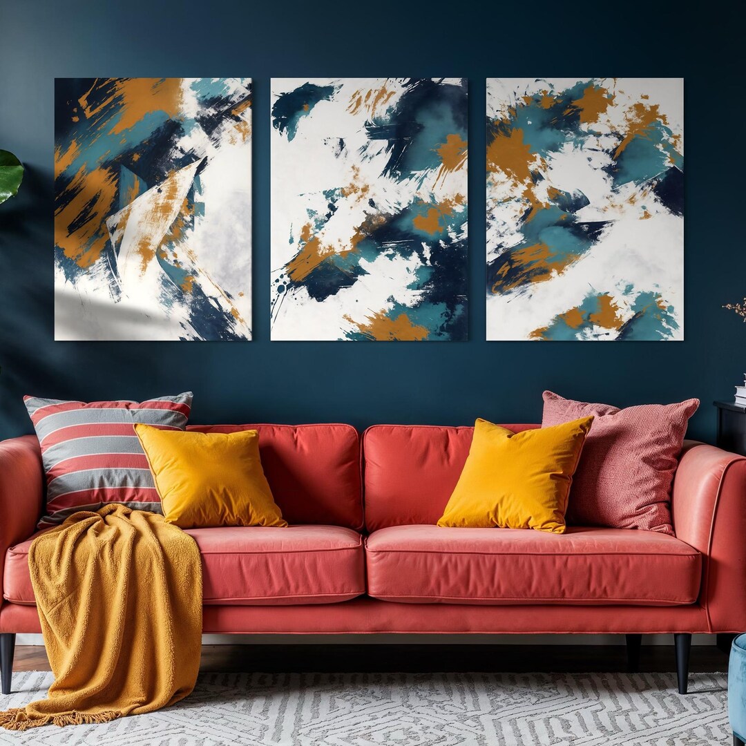 Abstract Wall Art Set of 3 Print Blue and Gold Modern Canvas Triptych ...