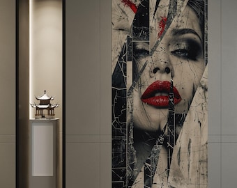 Retrato de mujer abstracta, arte en lienzo, labios rojos, decoración de pared de moda moderna en blanco y negro