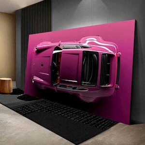Poster Voiture de sport Maquettes de voitures sur les murs Toile voiture de sport rose Voiture unique comme une Porsche oeuvre d'art murale pour le salon Grandes oeuvres d'art murales voitures