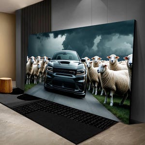 Canvastavla Dodge Charger Hellcat: Väggkonst för muskelbilar och får