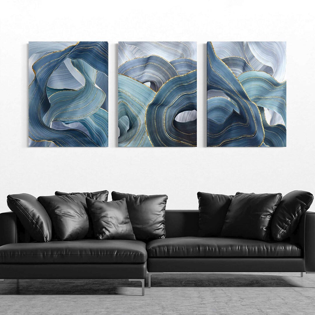 Blue Gold Abstract Wall Art Triptych Modern Framed Canvas Set - Etsy