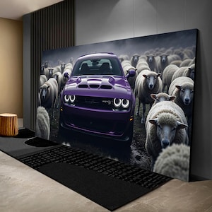 Lila Dodge Charger Hellcat Canvastavla: Rolig fårbil väggkonst