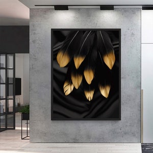 Golden Feather Canvas Print: Minimalist Black and Gold Art
