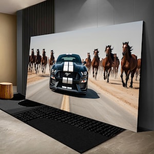 Ford mustang Druck auf Leinwand für Mannhöhle Muskel-Auto Kunstwerk für Garagenwand Geschenk für Mann Wildes Pferd und Auto Wandkunst für Wohnzimmer Dekor