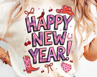 Frohes Neues Jahr (PNG), kokette Neujahrs-Sublimationsgrafik, Western-Neujahrs-Clipart, Retro-Cowgirl-Neujahrs-Shirt-Design (digitaler Download)