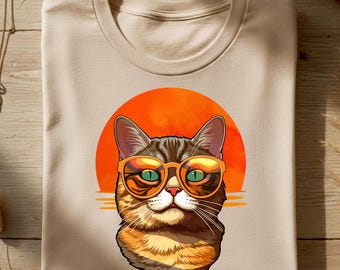Cool Cat with Sunglasses PNG, Retro Summer Sublimation Funny Cat Clipart, Cat Lover Shirt Design, Summer Gift for Cat Mom, Digital Download