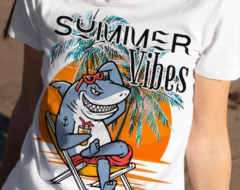 Retro Sommer Vibes Png, lustiger Hai Shirt Design, trendige Sommer Grafik Hai Clipart, Strand Vibes Urlaub Reise Tee digitaler Download Png
