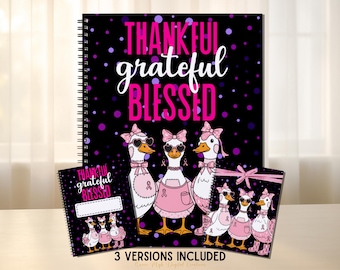Silly Goose Printable Notebook Cover, Thankful Grateful Blessed Black Journal Cover, Pink Coquette Geese Planner Cover Digital Download PNG