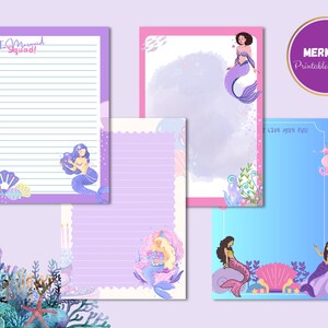 May include: Four printable mermaid themed notepad pages. The pages feature mermaids, seashells, and seaweed. The text on one page reads "The Mermaid Squad!"