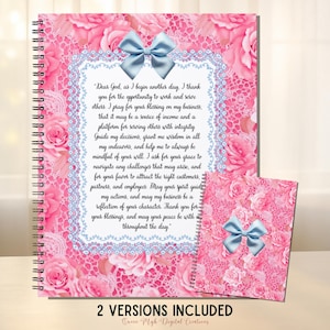 May include: A spiral-bound notebook and a smaller notepad feature a pink floral design with a lace overlay and a light blue bow. The notebook includes the text "Dear God, as I begin another day..." and the words "2 VERSIONS INCLUDED".