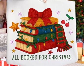 All Booked for Christmas PNG, Faux Yarn Book Christmas Tree Clipart, Teacher Christmas Shirt, Holiday Bookworm Sublimation Digital Download