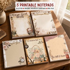Christian Printable Notepad Bundle, 5 Faith Based Writing Paper Designs, Vintage Botanical Note Pads, Christian Stationery Digital Download