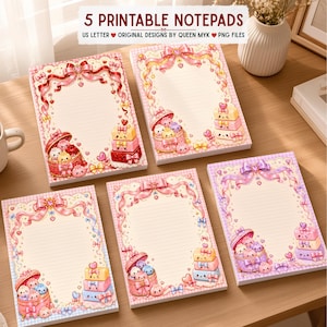 May include: Five printable notepads with US letter dimensions, featuring original designs by Queen Myk in PNG files. Each notepad displays lined paper decorated with pink ribbons, bows, hearts, and stacks of colorful, smiling character boxes.