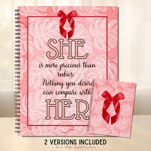She is More Precious Than Rubies Journal Cover, Faux Embroidery Pink Monstera Planner Cover, Coquette Notebook Digital & Printable Use PNG
