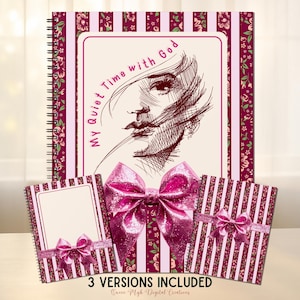 May include: Three spiral-bound notebooks featuring a burgundy and white striped pattern with floral accents. The largest notebook displays a sketch of a face and the text My Quiet Time with God. Each notebook is adorned with a glittery pink bow.