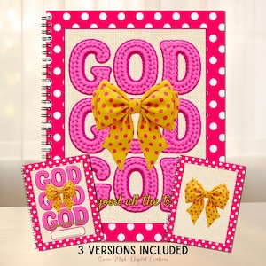 May include: A pink spiral-bound notebook featuring the words "GOD GOD GOD" in a crochet-style font. A yellow bow with red polka dots is centered on the notebook. The notebook has a pink polka dot border. Two smaller versions are also shown.