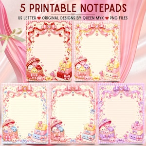 May include: Five printable notepads with US letter size, original designs by Queen Myk, and PNG files. Each sheet features lined paper with decorative borders of ribbons, bows, hearts, and stacked boxes containing small cartoon characters.