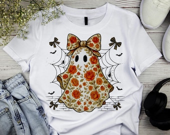 Coquette Floral Ghost PNG, Retro Halloween Sublimation Design, Vintage Style Ghost Clipart, Spooky Halloween Shirt Print Digital Download