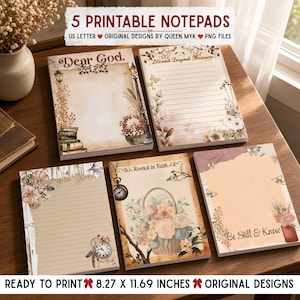 May include: Five printable notepads with US Letter 8.27 x 11.69 inches dimensions. Each notepad features unique designs with floral, vintage, and faith-themed illustrations, including text like Dear God, Blessed Beyond Measure, Growing in Grace, Rooted in Faith, and Be Still & Know.
