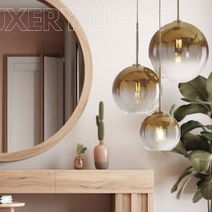 Bubbles Gold Pendant light,Multicolored bubbles lamp for dinning table,Hanging Set of 3 brass Chandelier,modern Ceiling fixture.Blown Glass zdjęcie 1