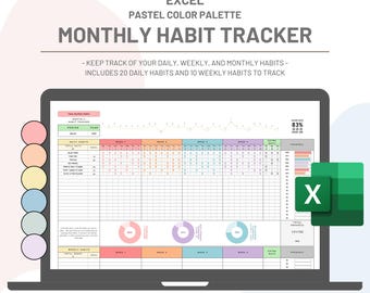 May include: A pastel-coloured Excel spreadsheet on a laptop screen with the title "Monthly Habit Tracker". The spreadsheet is designed to track daily, weekly, and monthly habits. The spreadsheet includes a progress bar, pie charts, and a section for notes. The spreadsheet is in a pastel colour palette with shades of pink, yellow, blue, and green.