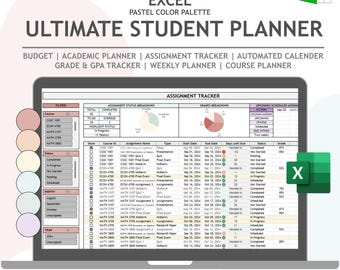 May include: A laptop computer screen displaying a spreadsheet with a pastel color palette. The spreadsheet is titled "Assignment Tracker" and includes columns for course name, assignment name, type, start date, due date, days until due, status, and grade. The spreadsheet is part of an Excel template for student planning.