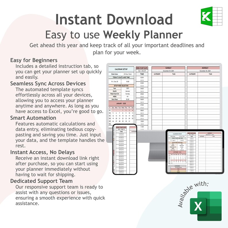 Pastel Weekly Planner Excel Template: Time Blocking (digital Download ...