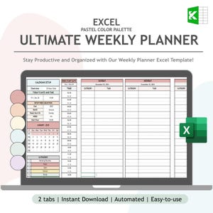 Puede incluir: Una pantalla de computadora portátil que muestra una plantilla de planificador semanal en Excel. La plantilla tiene una paleta de colores pastel e incluye secciones para el domingo, el lunes y una configuración de calendario. El texto "ULTIMATE WEEKLY PLANNER" se muestra en la parte superior de la pantalla. El texto "2 tabs | Instant Download | Automated | Easy-to-use" se muestra en la parte inferior de la pantalla.