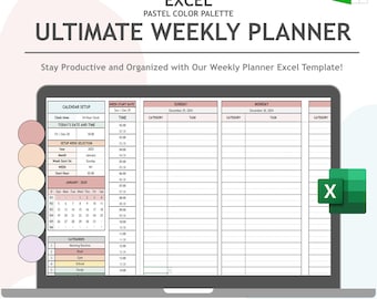 Könnte beinhalten: Ein Laptop-Bildschirm zeigt eine wöchentliche Planervorlage in Excel. Die Vorlage hat eine Pastellfarbpalette und umfasst Abschnitte für Sonntag, Montag und eine Kalendereinrichtung. Der Text "ULTIMATE WEEKLY PLANNER" wird oben auf dem Bildschirm angezeigt. Der Text "2 tabs | Instant Download | Automated | Easy-to-use" wird unten auf dem Bildschirm angezeigt.