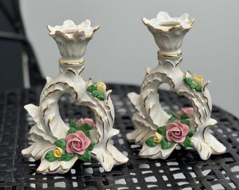 A pair of Dresden Porcelain candlestick holders cornucopia shape, flower detail, vintage German gilded porcelain home decor luxury gift