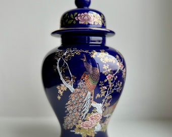 Vintage Japanese cobalt blue gilded ceramic jar urn vase with a lid peacock and floral theme home decor gift for her accent piece