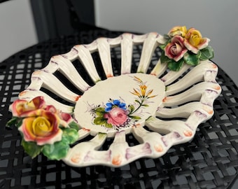 Italian vintage porcelain dish Capodimonte style handmade centrepiece serving plate fruit bowl home kitchen decor flower motif luxury gift
