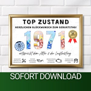 Könnte beinhalten: Ein goldgerahmter Druck mit dem Jahr "1971", das aus Euro-Banknoten besteht. Der Druck enthält deutschen Text, eine Tachometergrafik und die Worte "Top Zustand" und "Herzlichen Glückwunsch zum Geburtstag!"