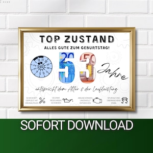 Könnte beinhalten: Gerahmter Druck mit goldfarbenem Rahmen, mit dem Text "TOP ZUSTAND" und "53 Jahre". Das Design integriert Währung, um die Zahlen zu bilden. Zusätzlicher Text: "Alles Gute zum Geburtstag!" und verschiedene Kfz-Symbole.