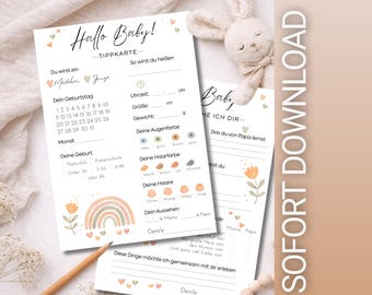 Babyraadspel voor de onthulling van de baby | Invulspelkaart | Direct te downloaden als PDF | Babyshowerspel in het Duits | Printbare babysjabloon