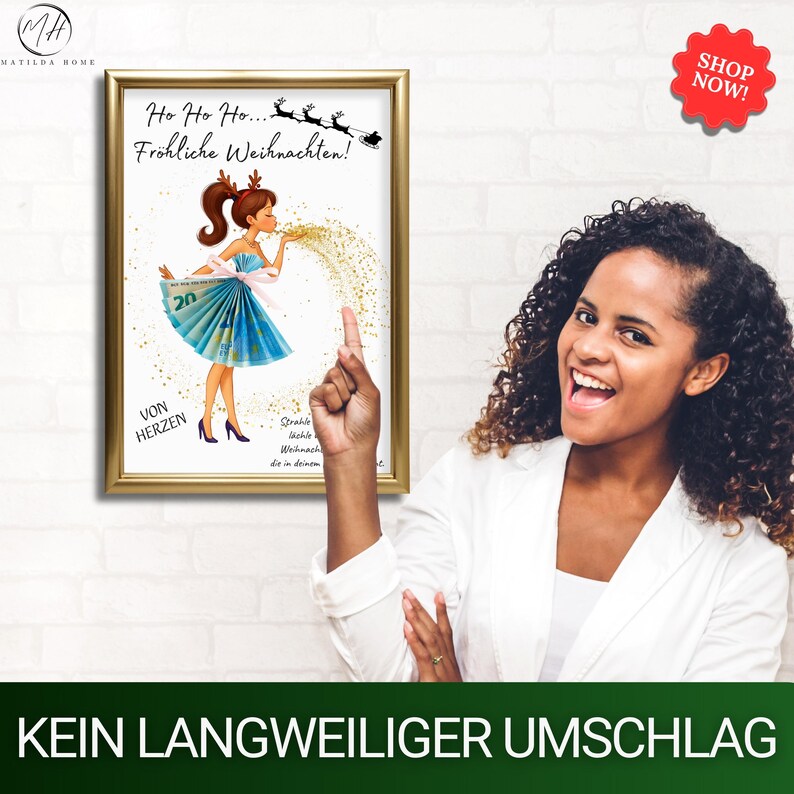 Weihnachtsgeschenk für Frauen & Mädchen – Geld kreativ verpacken als elegantes farbiges Poster.