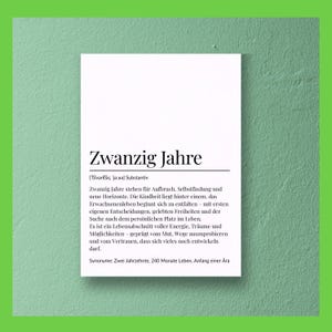 Definicja 20 lat, prezent na 20 urodziny, rok urodzenia 2005, kartka urodzinowa PDF, plakat lub pocztówka do wydrukowania prezentu na ostatnią chwilę