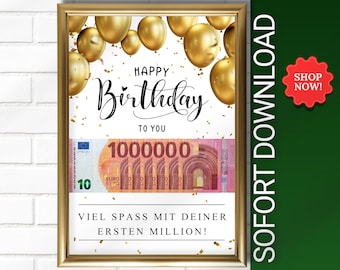 Regalo en efectivo para un cumpleaños | Forma creativa de regalar dinero | Tu primer millón | Regalo en efectivo imprimible de última hora (A4)