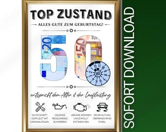 Money gift for a male friend's 50th birthday | Creative DIY birthday gift for someone born in 1976 | Funny car inspection sticker look