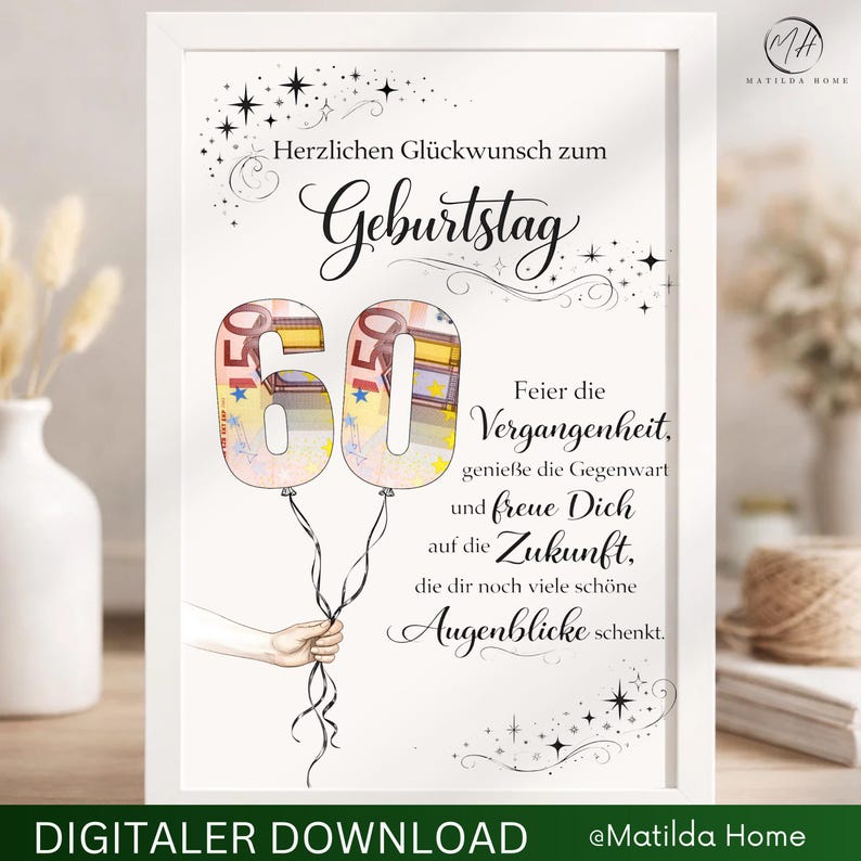 Poster Geldgeschenk 60 Geburtstag elegant – stilvolle Geburtstagskarte zum Geld verschenken modernes Design