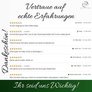 May include: A white background with text in a cursive font that reads "Vertraue auf echte Erfahrungen" and "Ihr seid uns Wichtig!". Below are customer reviews with star ratings and dates. The Matilda Home logo is in the top right corner.