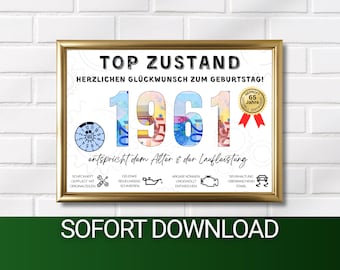 65th Birthday Gift Idea (Born in 1961) | Funny TÜV Poster | Gift Idea Card for Giving Money to Men and Women | DIY Image Download PDF