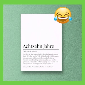 Definición divertida de 18 años, regalo divertido para cumpleaños número 18, nacido en 2007, tarjeta PDF, postal humorística para imprimir en el último minuto