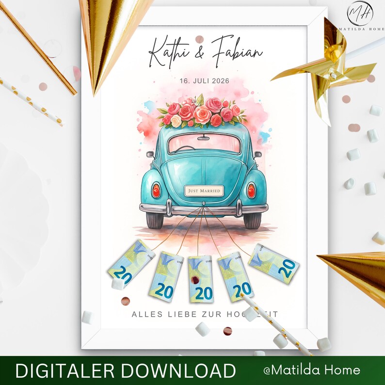 Personalized wedding cash gift | Wedding car poster with names & date | Wedding gift for the bride and groom | PDF A3 A4 printable digital image 8