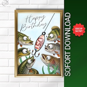 May include: A framed art print with a humorous illustration of fish surrounding a fishing hook baited with a 50 Euro bill. The words "Happy Birthday" are written above the hook. A red "Shop Now!" sticker is in the corner.
