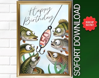 Birthday money gift for an angler | Gift certificate & money card for anglers | Creative printable money gift ideas | DIY Happy Birthday Poster