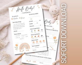 Juego de adivinanzas para baby shower | Tarjeta para rellenar | Descarga instantánea en PDF | Juego para baby shower en alemán | Plantilla imprimible para baby shower